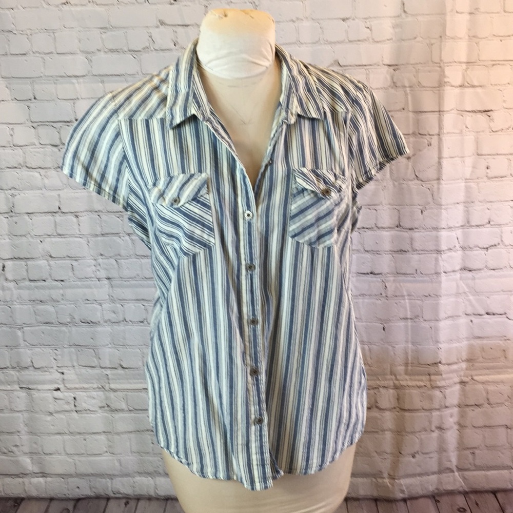 Ruff Hewn Blue Button Down Top Shirt Cap Sleeve XL